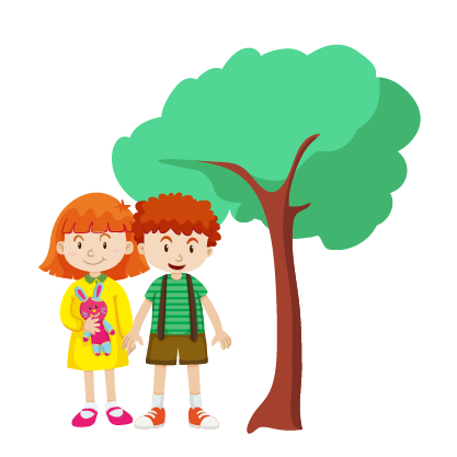 ilustracja dwójka dzieci stojąca pod drzewem w przedszkolu Kolorowe Kredki Nałęczów Garbów Lublin Snopków