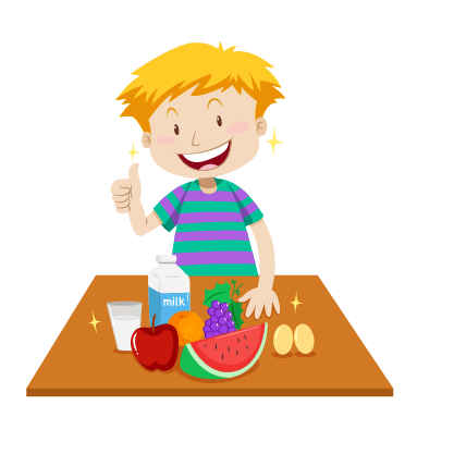 ilustracja chłopiec pokazujący ok przed stołem ze zdrowymi produktami w przedszkolu Kolorowe Kredki Nałęczów Garbów Lublin Snopków