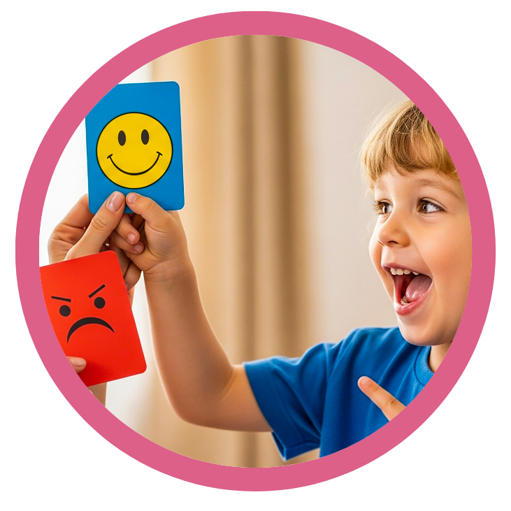 przedszkolak wskazujący na kartę obrazującą emocje w przedszkolu Kolorowe Kredki Nałęczów Garbów Lublin Snopków